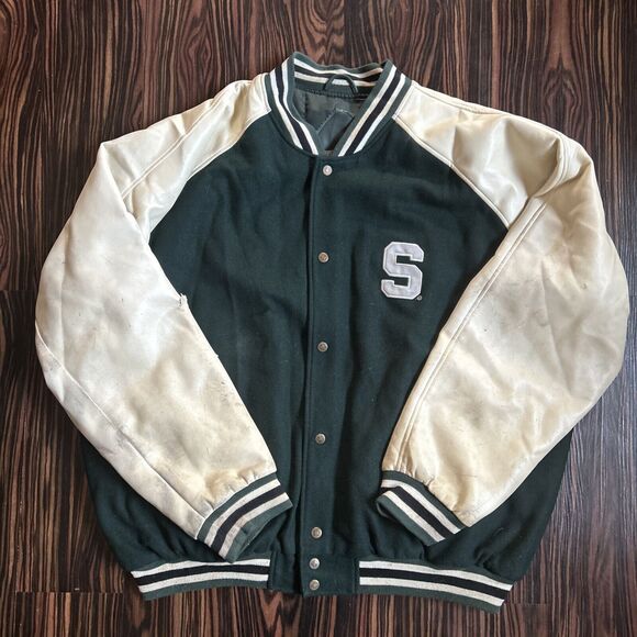 Vintage Adult XXL Michigan State Jacket Steve And Barry’s Faux Leather Ripped